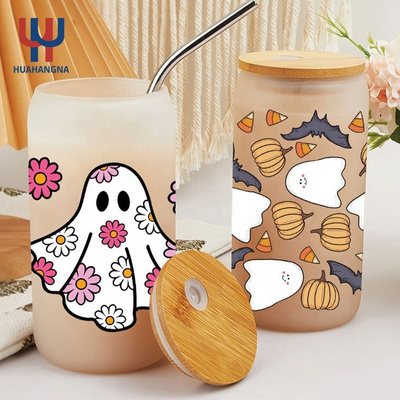 USA Warehouse Halloween 16oz 20oz Libbey Clear Frosted Sublimation Blanks Mason Jar Beer Can Glass Cup With Bamboo Lid And Straw