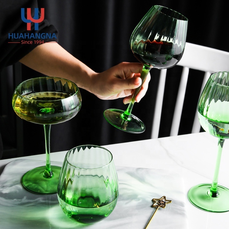 300 400ml Elegant Long Stemmed Champagne Flute Glasses Green Vertical Striped Red Wine Glasses for Home Bar