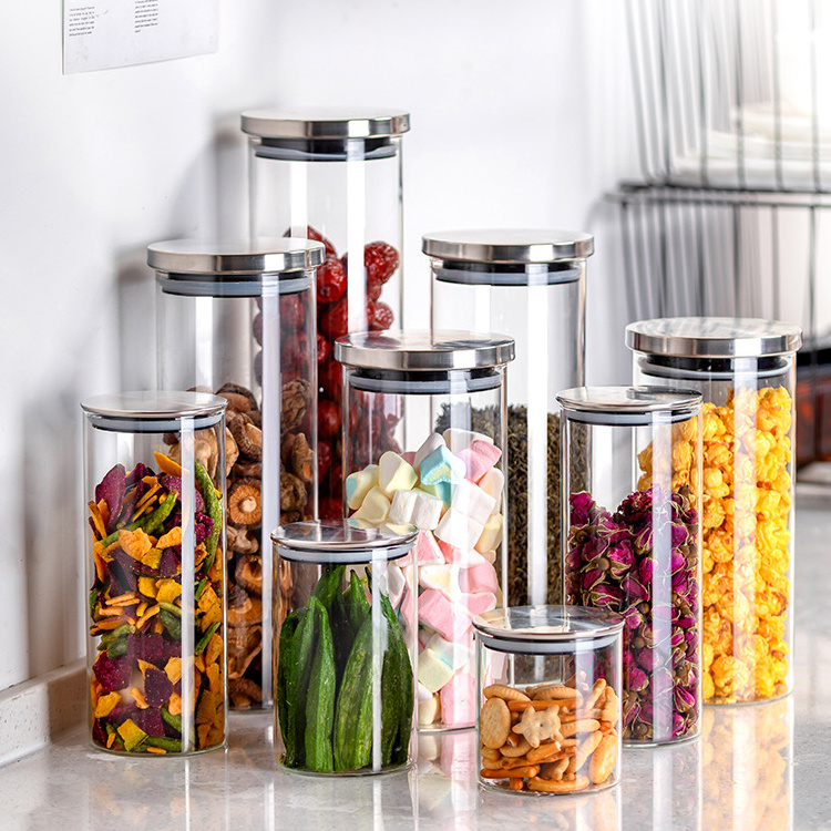 Kitchen Stainless Steel Lids Glass Food Storage Organizer Containers Jars airtight glass jars