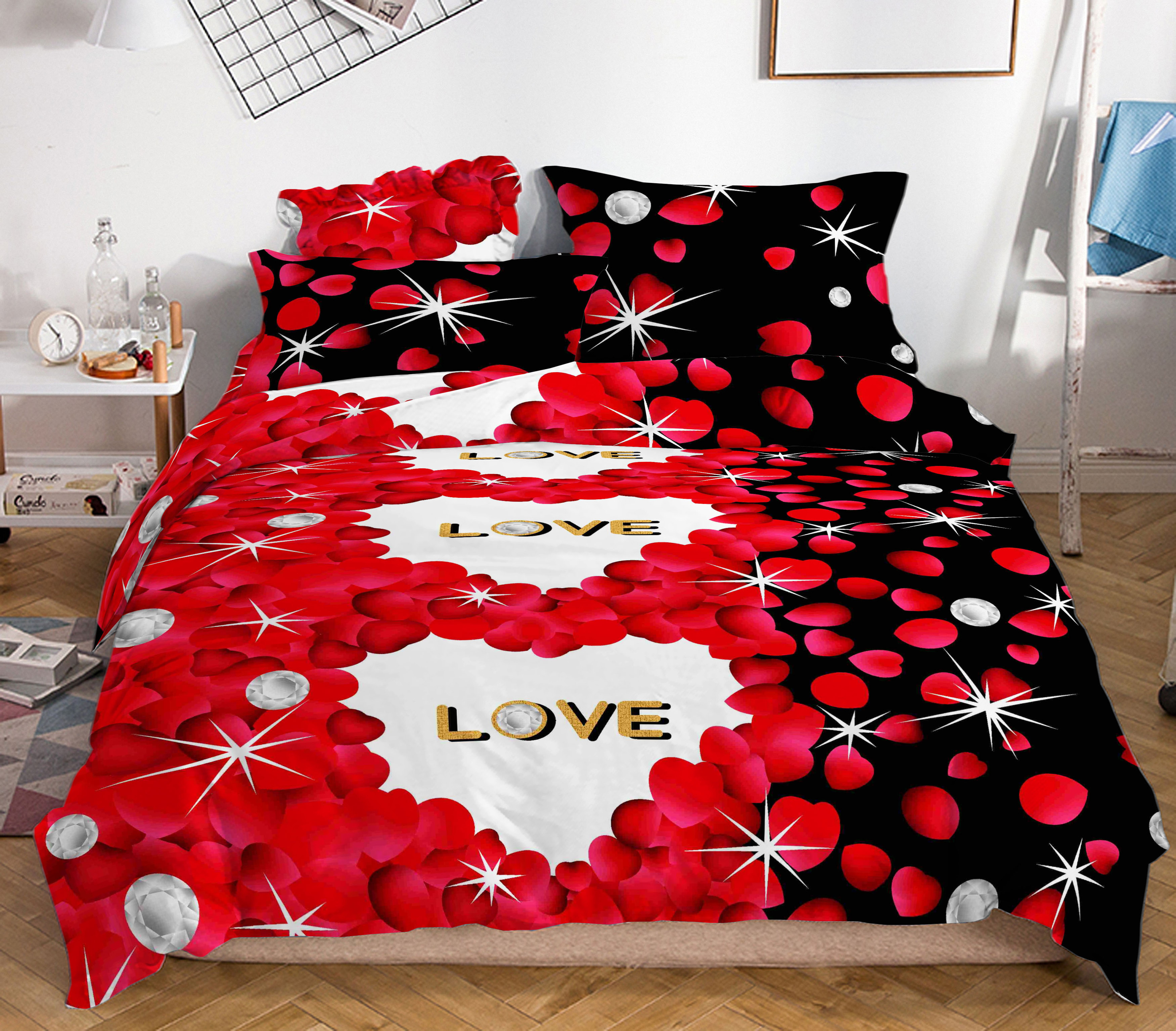 Beautiful heart Style Red Rose Polyester New Design Print Fabric For bed sheet and bedding