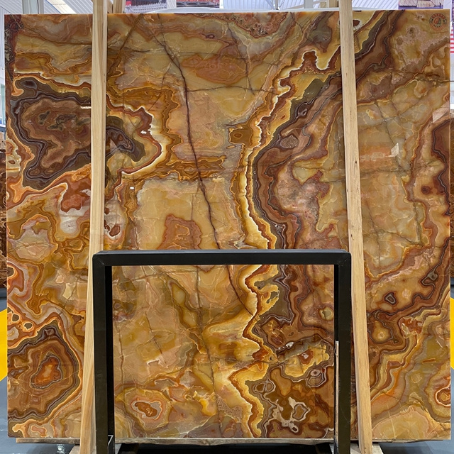 Translucent Tiger Onyx Slab Tile For Wall Background Natural  Onice Tanzania Brown Gold Marble Onyx