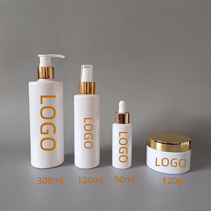 Luxury custom logo print plastic PET Skincare Cosmetic Lotion shampoo hair oil face cream packing Empty Bottles And Jar Set