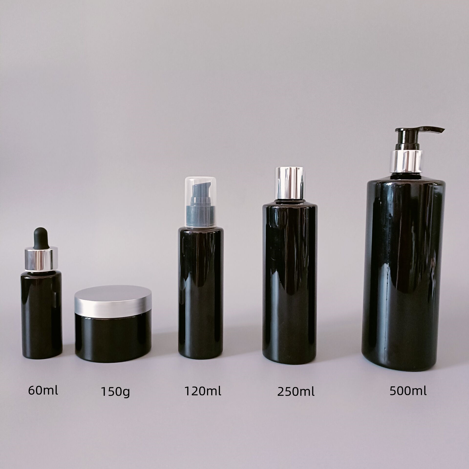 Customize support Luxury 500ml 250ml 60ml 150ml PET plastic black skincare cosmetic bottle set with silver lid for shampoo serum