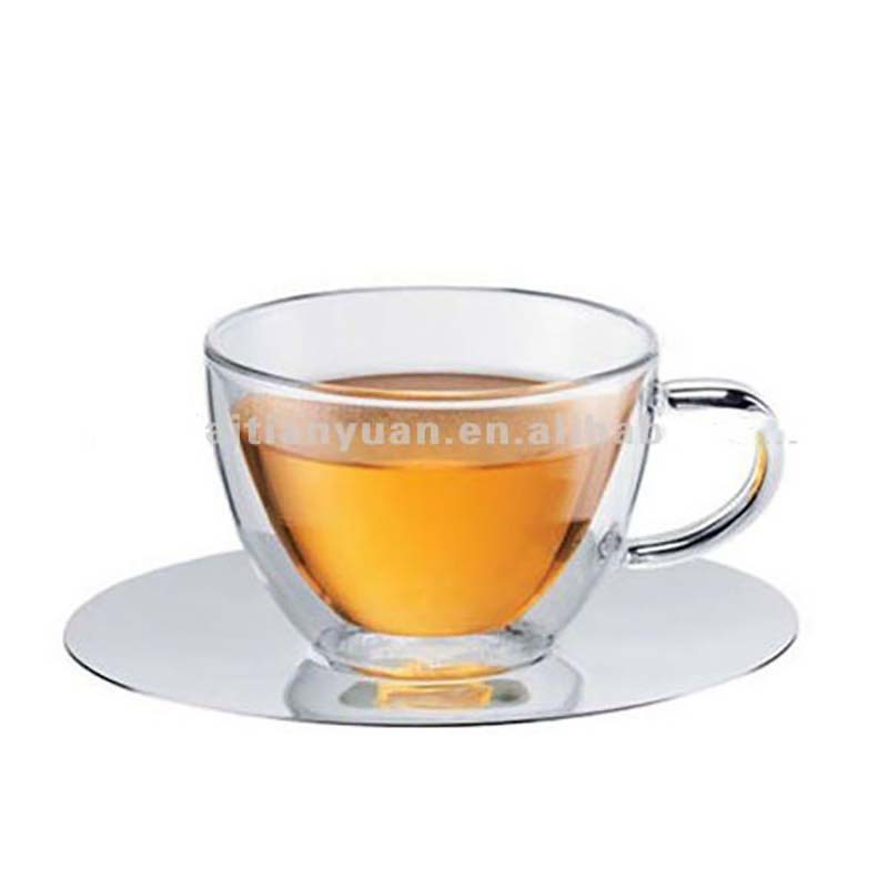 Widely Used colored new design heat resistance double wall glass tea cup and saucer