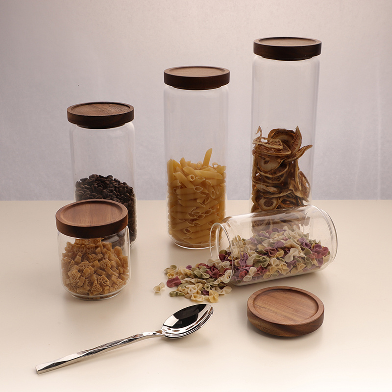 Prodcued various sizes glass storage jar with lids custom kitchen glass food storage container mason spice jar acacia cover jars