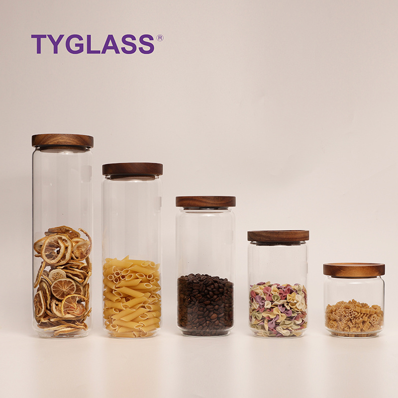 Prodcued various sizes glass storage jar with lids custom kitchen glass food storage container mason spice jar acacia cover jars