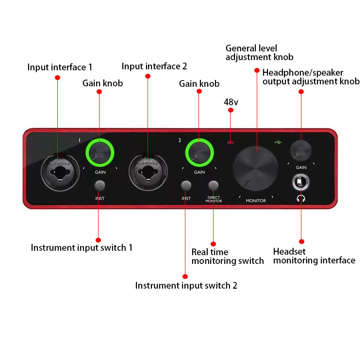 High quality professional USB Interface Audio Mixer 2 in 2 out live streaming Recording Studio Podcast Sound Card