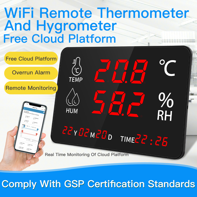 Tuya WIFI App Smart LED Display Humidity Temperature Meter Wall Mounted Thermometer With Clock External Probe