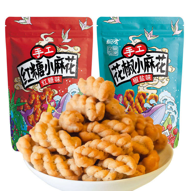 Asian Hand-made healthy peppercorn snacks small fried twist pastry flavors of brown sugar with 128g huajiaoshijia MaHua.konjac