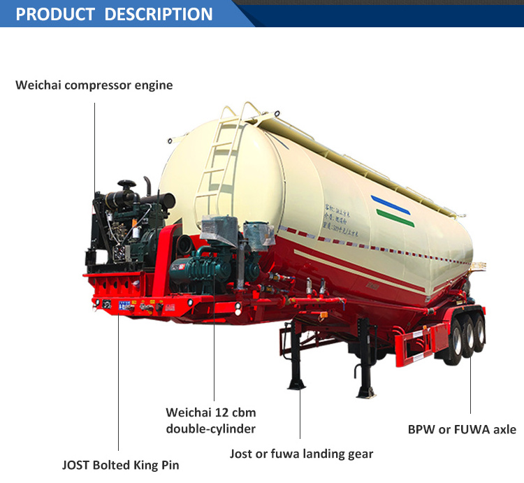 Bulk Cement Tank Trailer 3axle Fly Ash Cement Bulker Silo Tanker Pneumatic Semi Truck Trailer For Sale