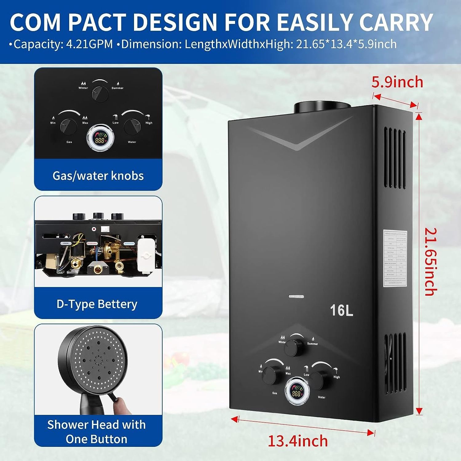 16L Gas Hot Tankless Water Heater 4.21GPM Outdoor Portable Instant with Digital Display Multi-Protection for Camping Trips