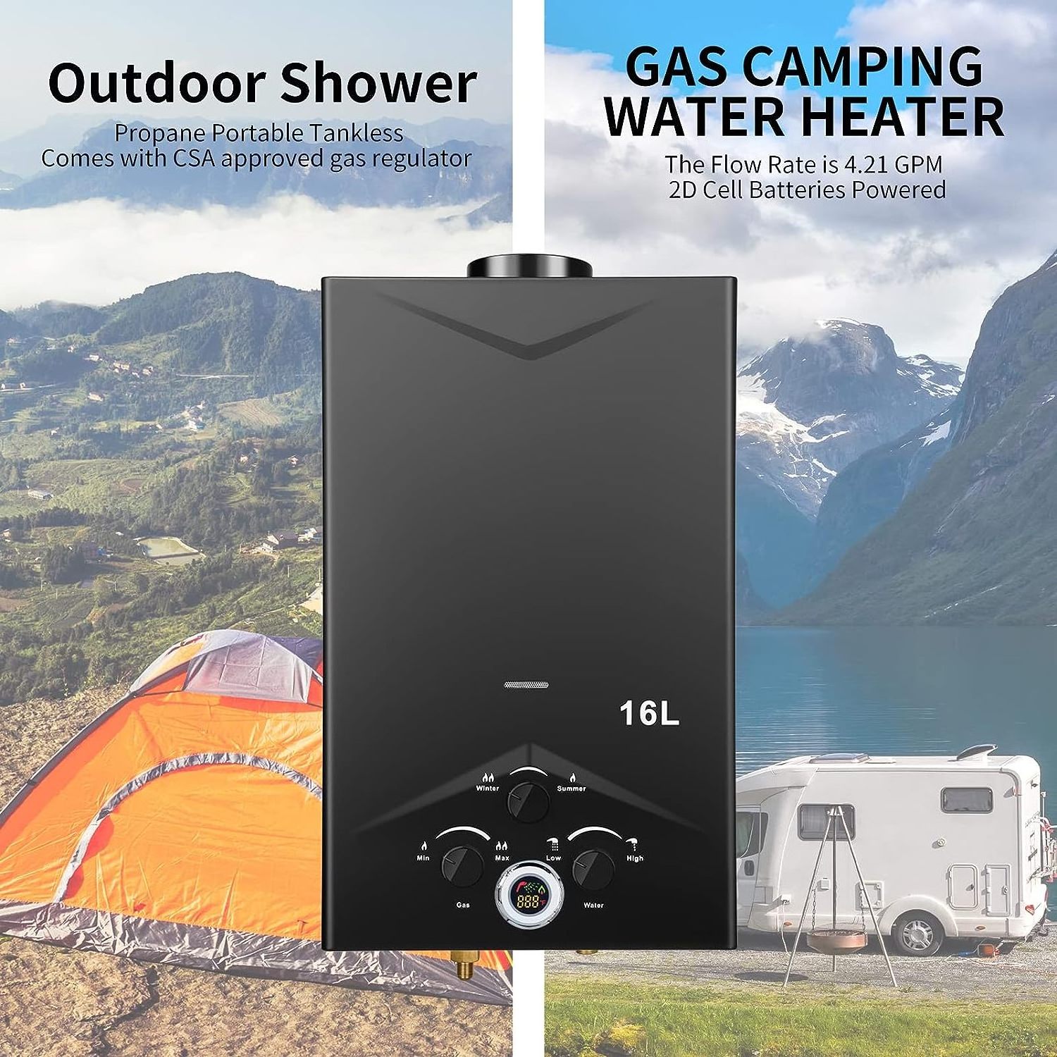 16L Gas Hot Tankless Water Heater 4.21GPM Outdoor Portable Instant with Digital Display Multi-Protection for Camping Trips