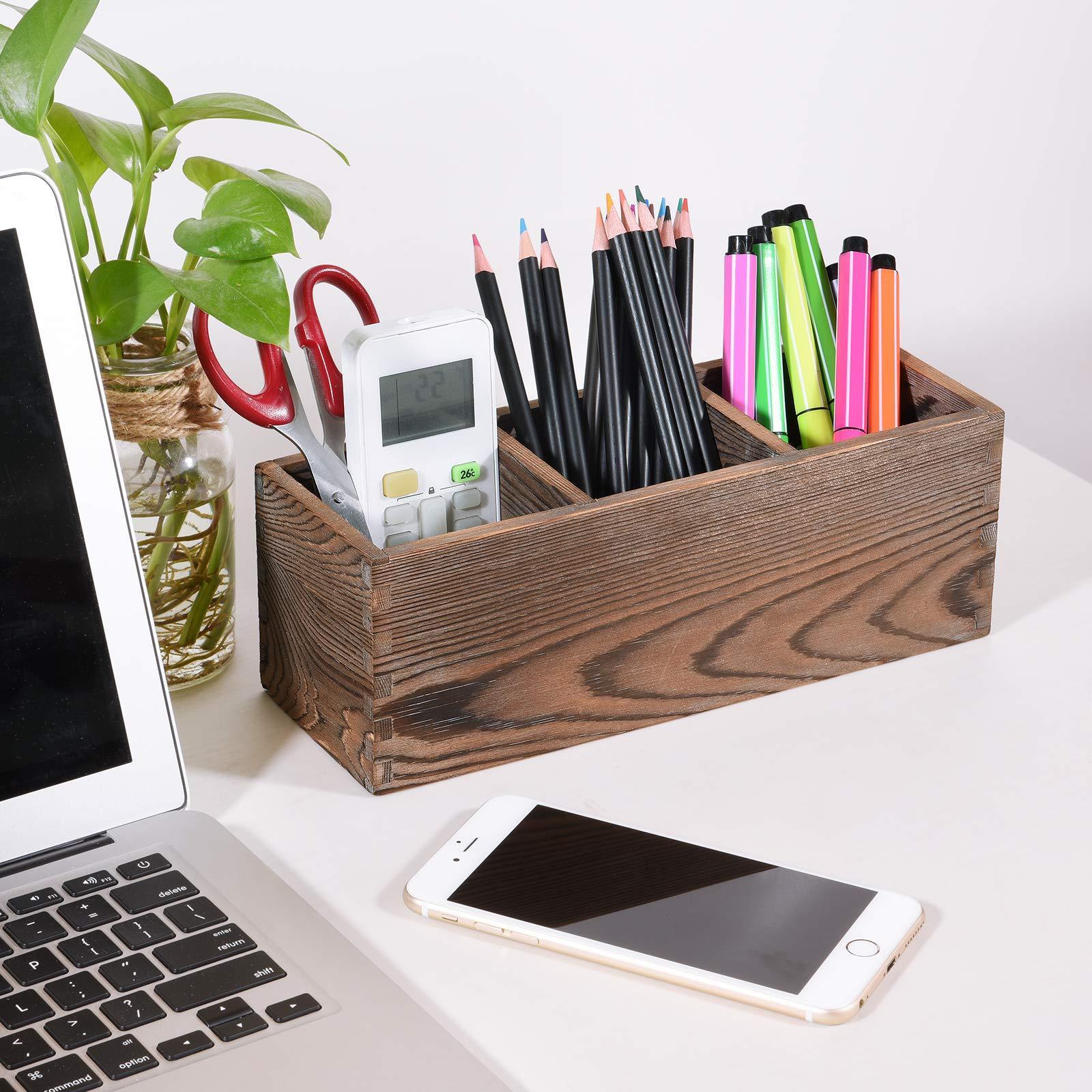 Multifunctional Wooden Pen Holder Stand Wood Pencil Box with compartments for Office Home