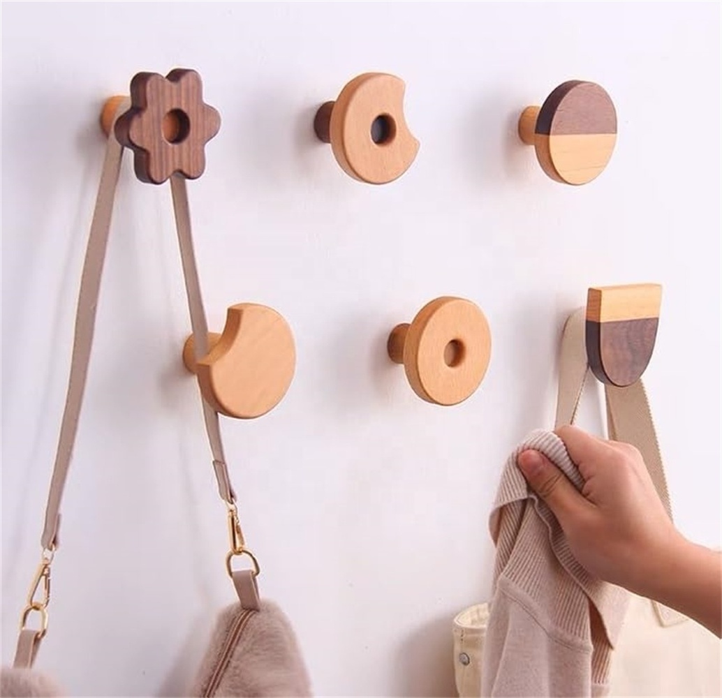 Modern Farmhouse Wood Wall Hooks Dark Walnut Ash Wood Coat Hooks for Hanging Hat