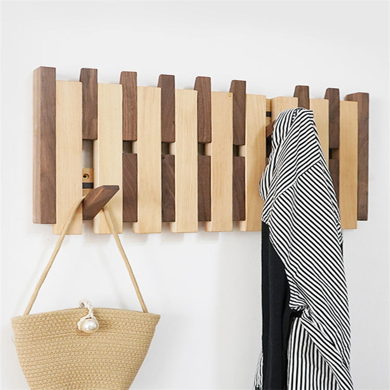 Walnut Wood Wall Mounted Piano Coat Rack Flip Down Wooden Wall Hook Rack