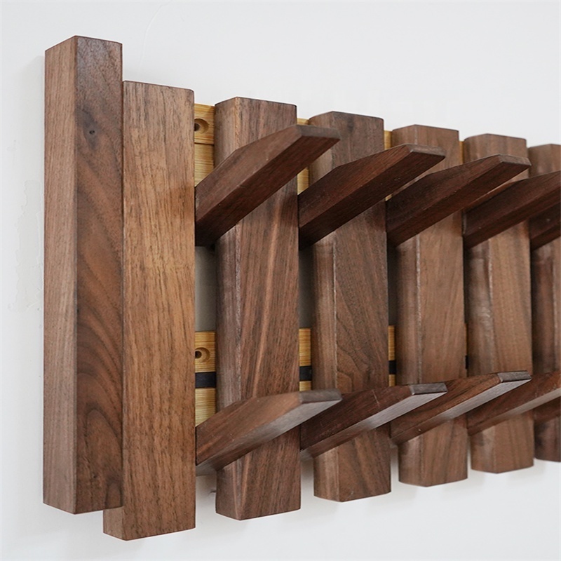 Walnut Wood Wall Mounted Piano Coat Rack Flip Down Wooden Wall Hook Rack