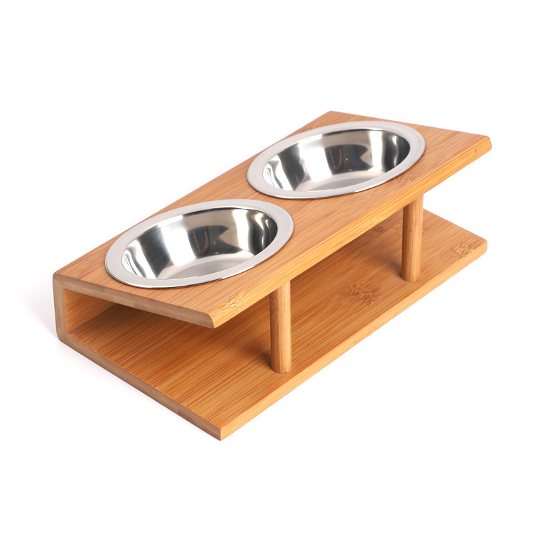 Direct Factory Customized Bamboo Pet Accessoires Cats Dogs Feeder Double Bowl Raised Stand