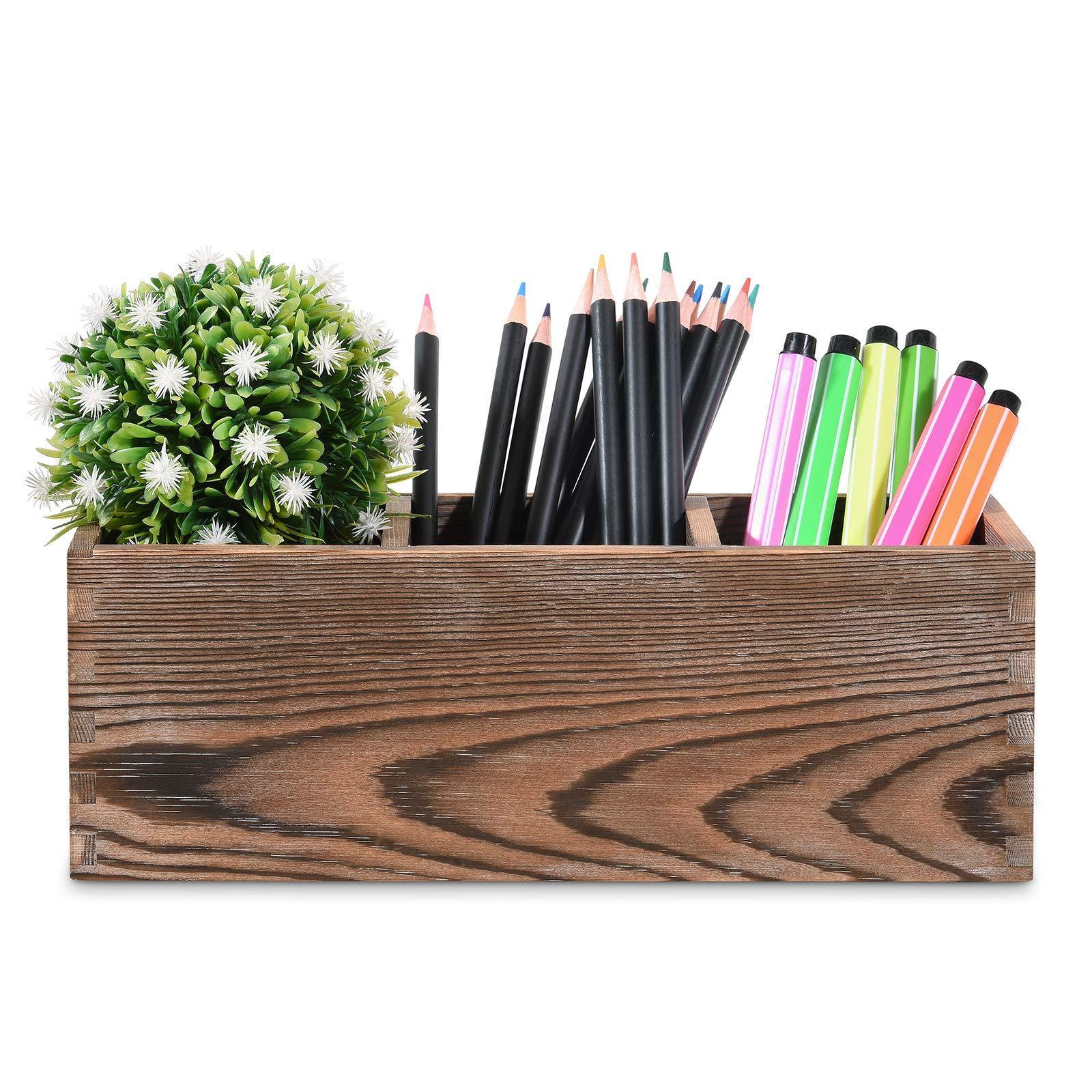 Multifunctional Wooden Pen Holder Stand Wood Pencil Box with compartments for Office Home