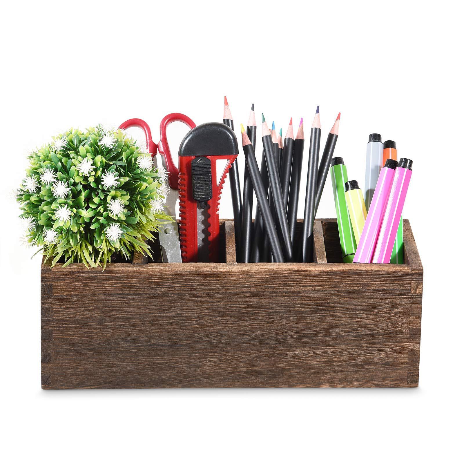 Multifunctional Wooden Pen Holder Stand Wood Pencil Box with compartments for Office Home