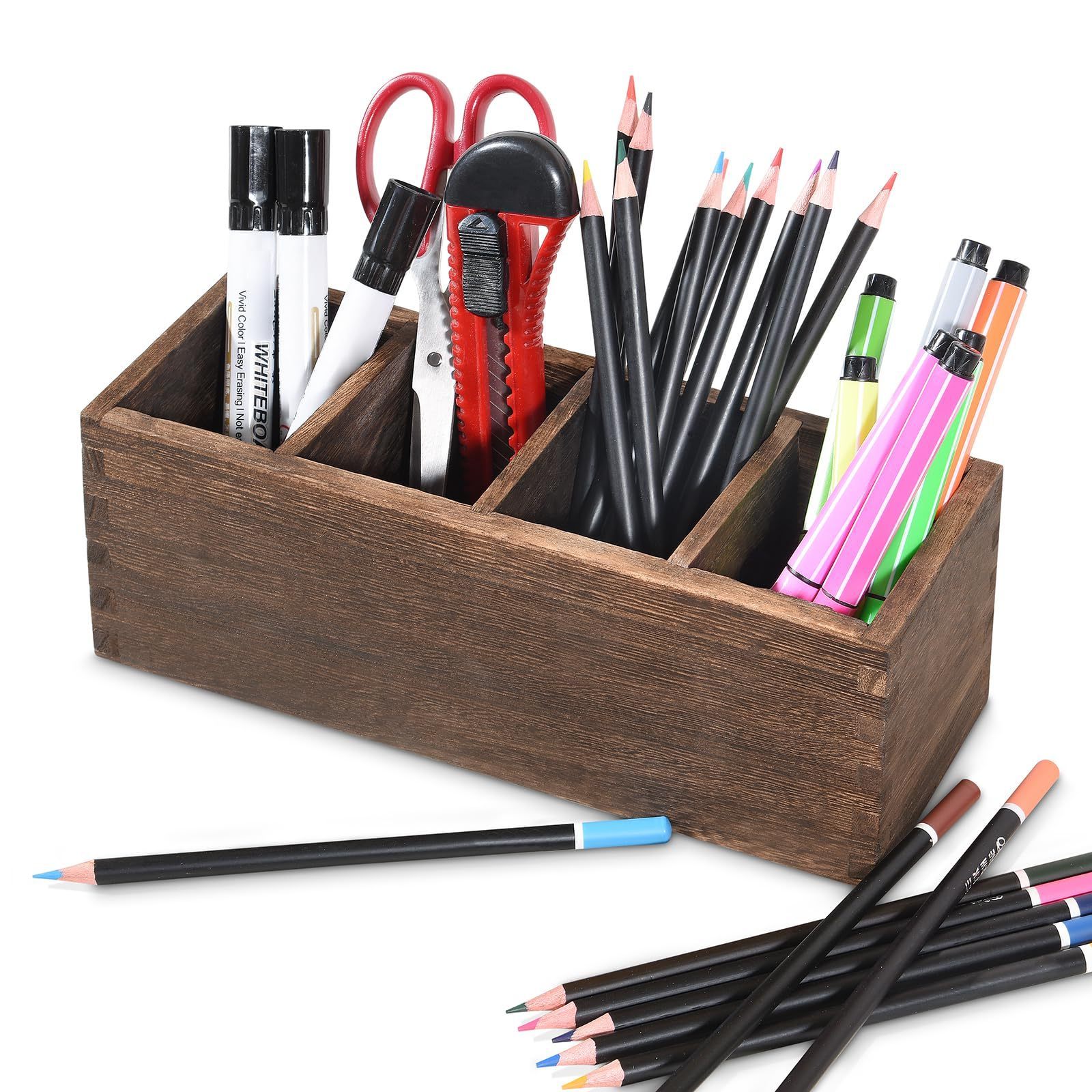 Multifunctional Wooden Pen Holder Stand Wood Pencil Box with compartments for Office Home