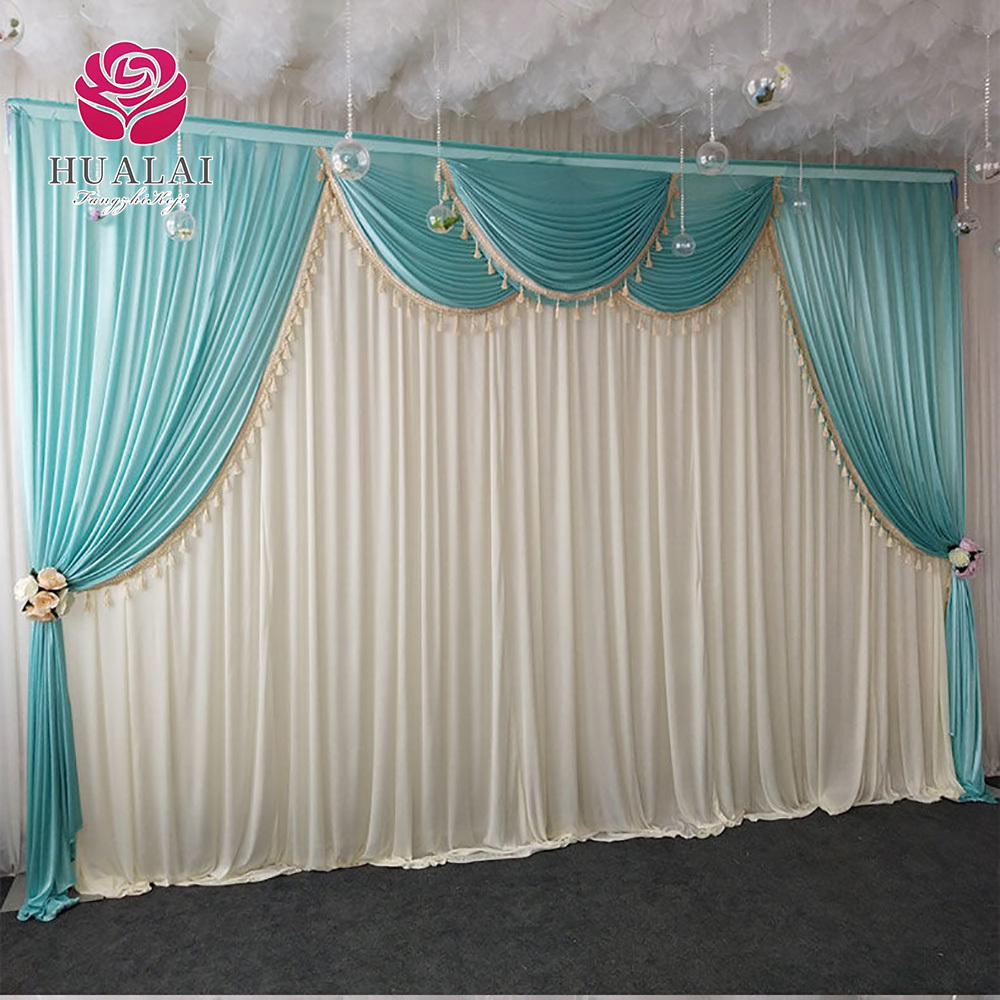 ice silk tassels material Tiffany blue and white backdrop panels curtain drspes for wedding stage church decor