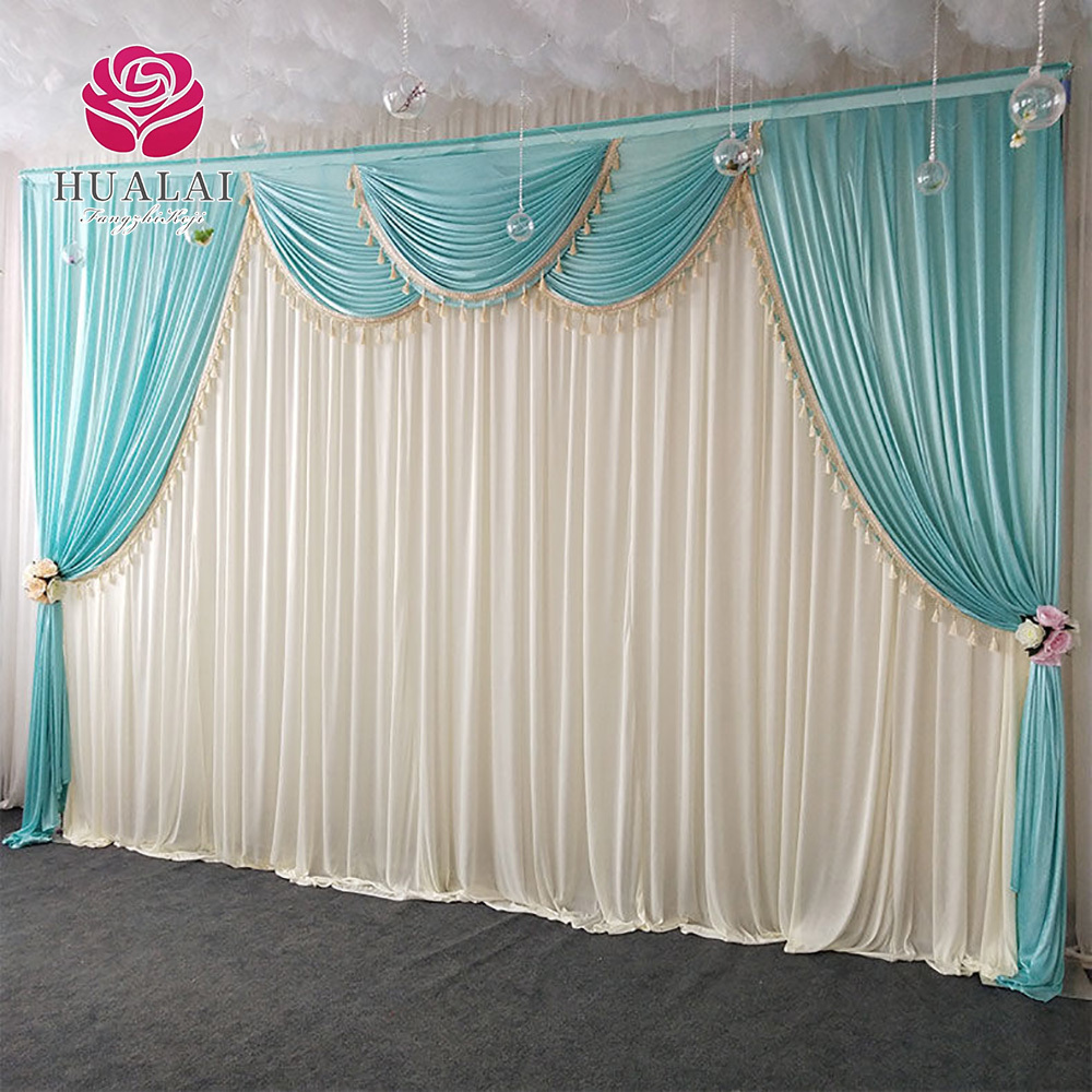 ice silk tassels material Tiffany blue and white backdrop panels curtain drspes for wedding stage church decor