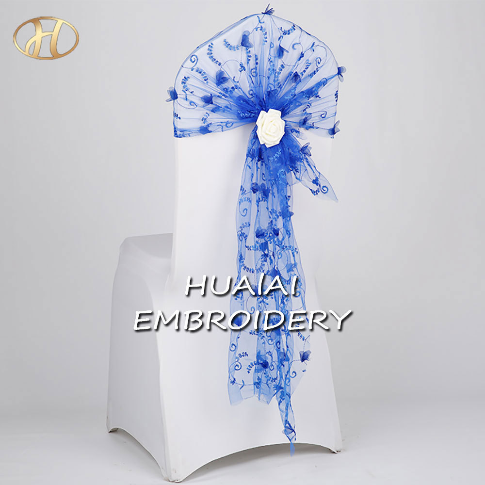 Pretty Design organza embroidery fabric Bow and rose blue custom chair sashes for wedding and banquet