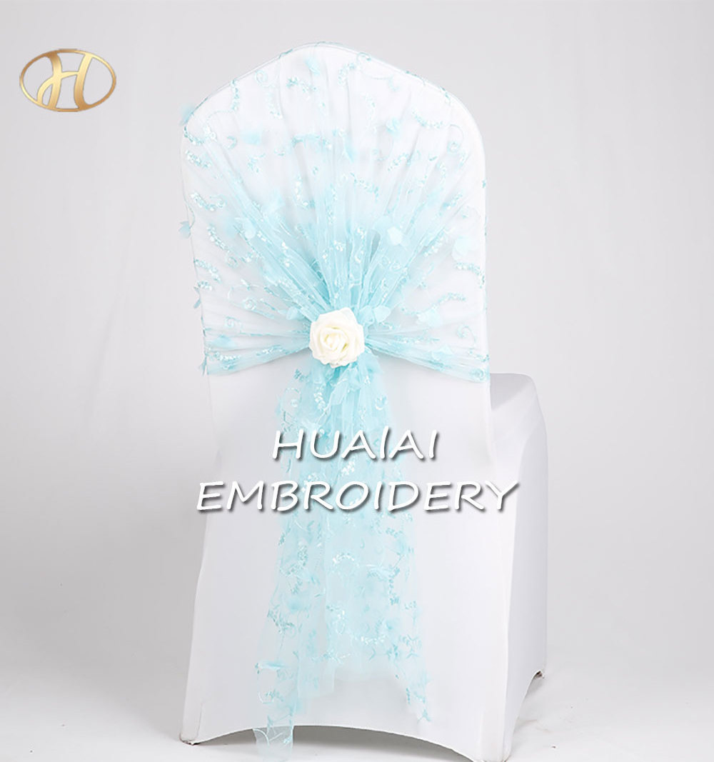 Pretty Design organza embroidery fabric Bow and rose blue custom chair sashes for wedding and banquet