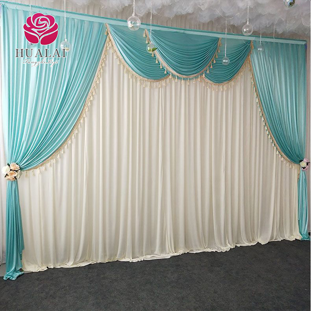 ice silk tassels material Tiffany blue and white backdrop panels curtain drspes for wedding stage church decor