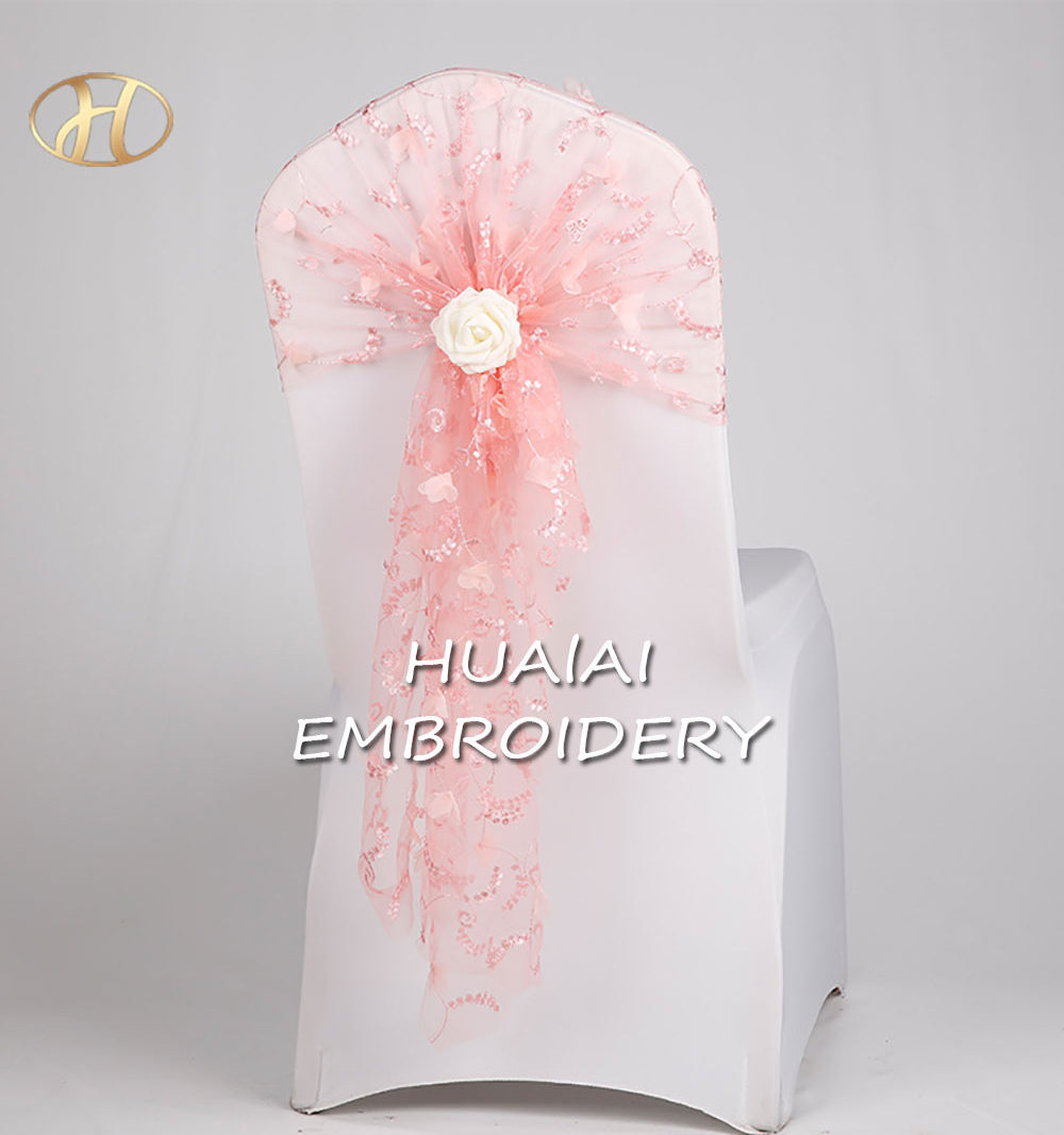 Pretty Design organza embroidery fabric Bow and rose blue custom chair sashes for wedding and banquet