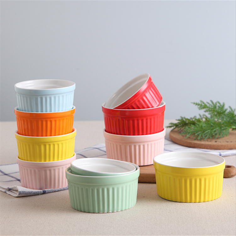 Bulk sale color full glaze ceramic souffle dishes creme brulee ramekins