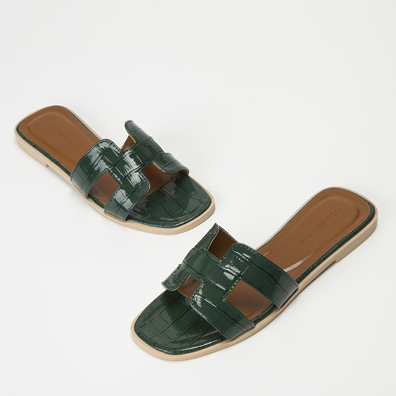 New Design Luxury Slides Crocodile Skin Pattern Mules with PU Lining Best-Selling Flat Beach Sandals for Outdoor Fashion