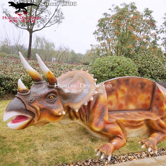 outdoor fiberglass bench and chair in dinosaur shape of character statue