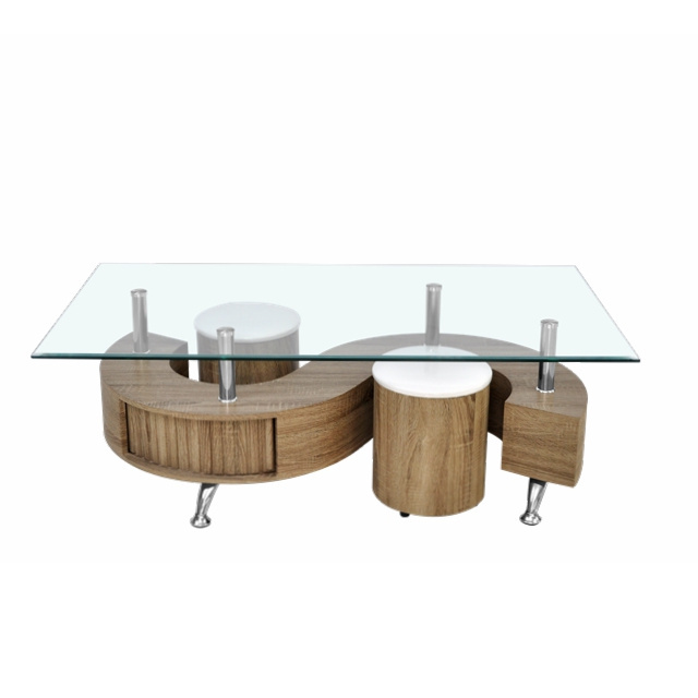 Wholesale contemporary S shaped MDF covered PU glass top coffee table with stools Bazhou Chinese supplier