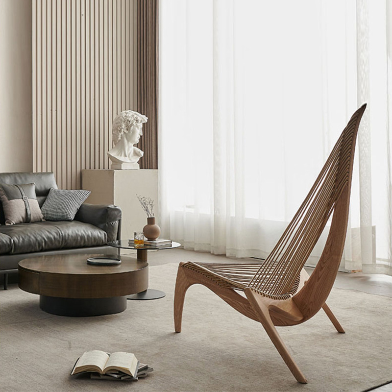 Nordic Artist  Sailing Chair Harp Shaped Solid Wood Living Room Lounge Recliner Rope Leisure Sofa Chair