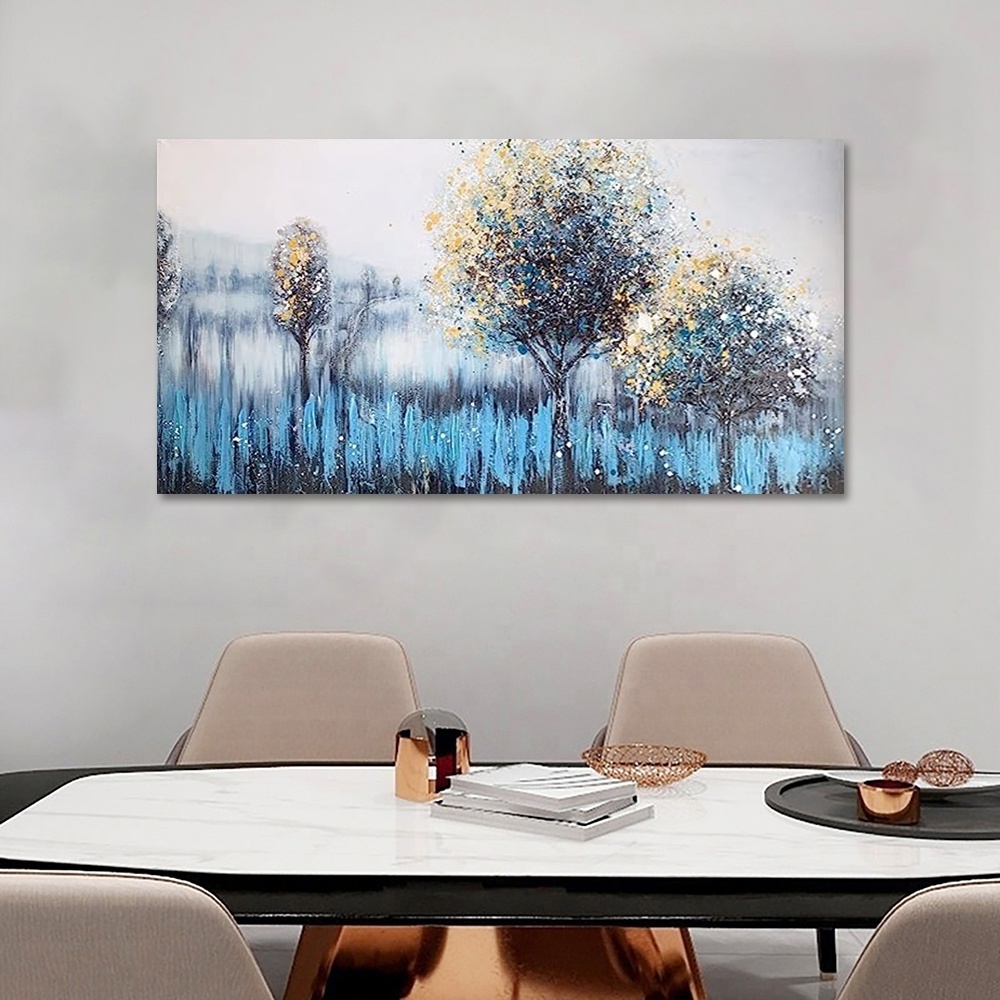 Tree wall art canvas turquoise landscape painting Blue Forest texture painting Modern abstract art home bedroom wall decoration