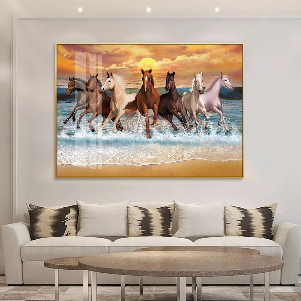 Famous Seven White Running Horses Gold Landscape Paintings on Canvas Wall Art Decor