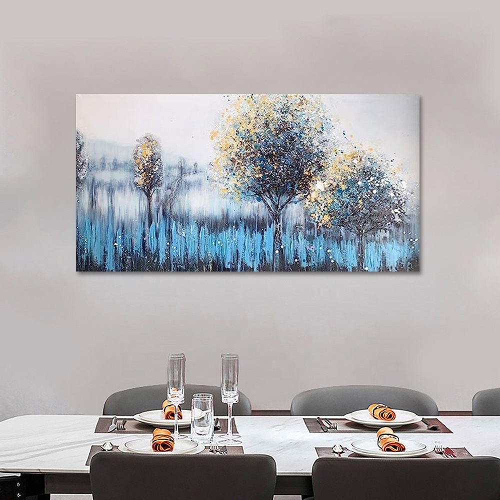 Tree wall art canvas turquoise landscape painting Blue Forest texture painting Modern abstract art home bedroom wall decoration