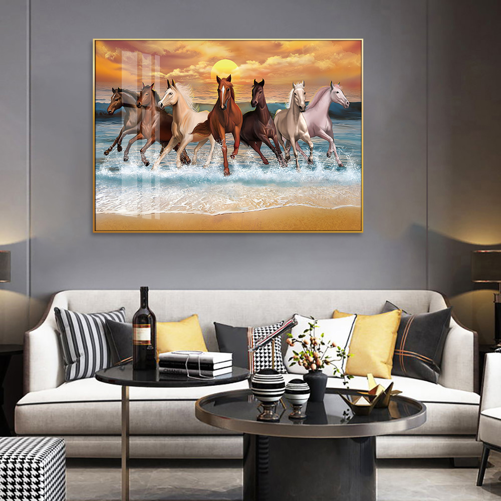 Famous Seven White Running Horses Gold Landscape Paintings on Canvas Wall Art Decor