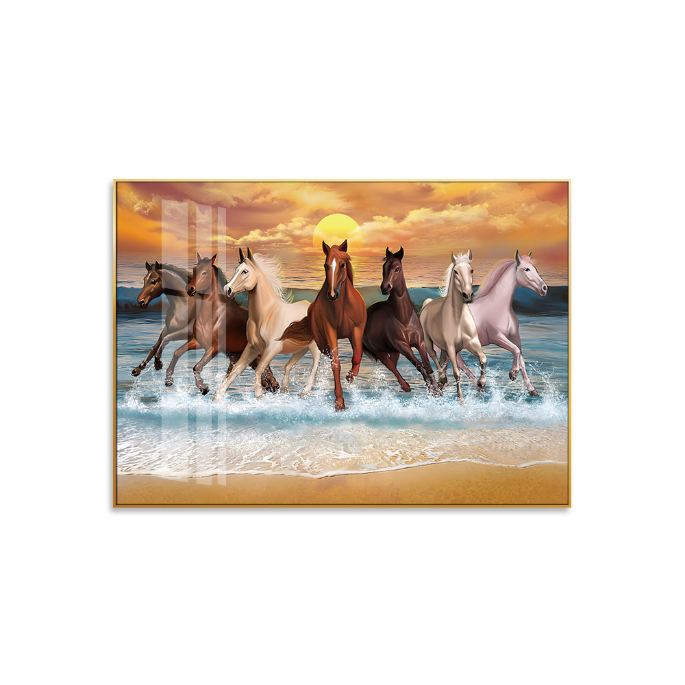 Famous Seven White Running Horses Gold Landscape Paintings on Canvas Wall Art Decor