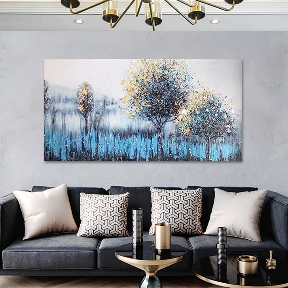 Tree wall art canvas turquoise landscape painting Blue Forest texture painting Modern abstract art home bedroom wall decoration