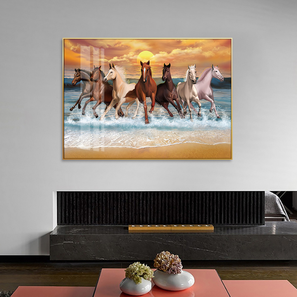 Famous Seven White Running Horses Gold Landscape Paintings on Canvas Wall Art Decor