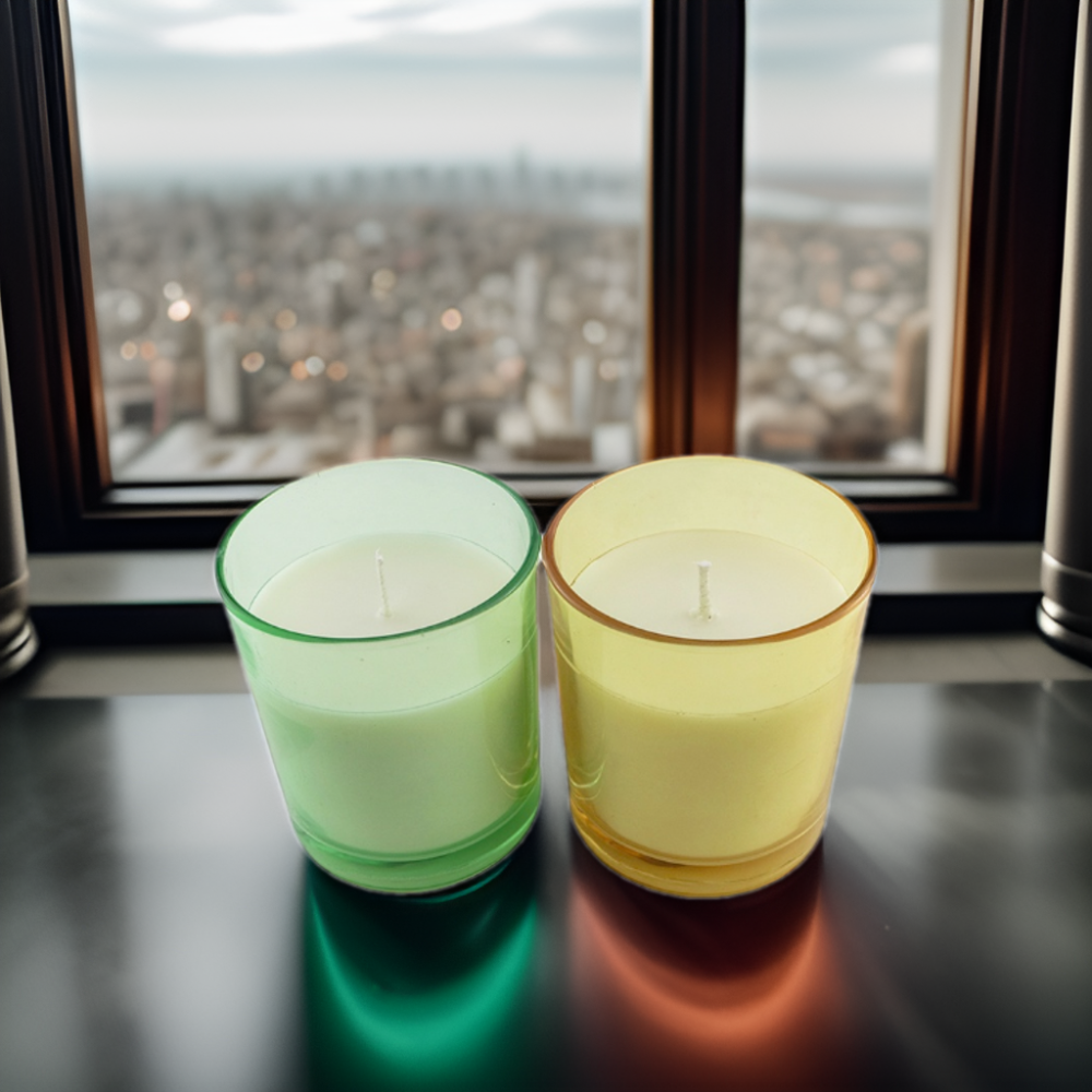 Huaming Wholesale Personalized Custom Home Decoration Soy Wax Rainbow Glass Votive White Tea Sweet Orange Scented Candles Light