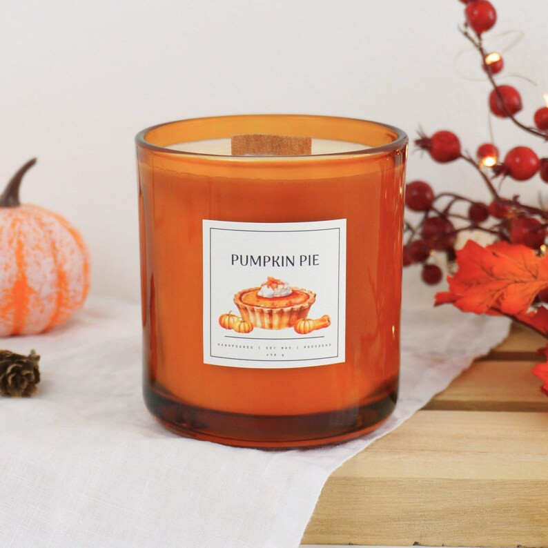 Autumn Wood Wick Dessert Pumpkin Pie Caramel and Cheese Popcorn Scented Soy Wax Candles Customized Scented Printed Tin Candles