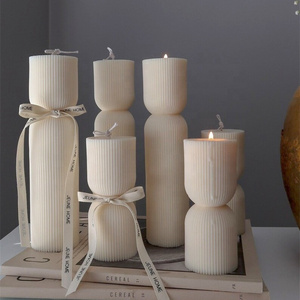 Huaming Modern Aesthetic Home Decor Handmade Soy Wax Ribbed Columnar Candle Lvory White Round Cylinder Fluted Pillar Candle