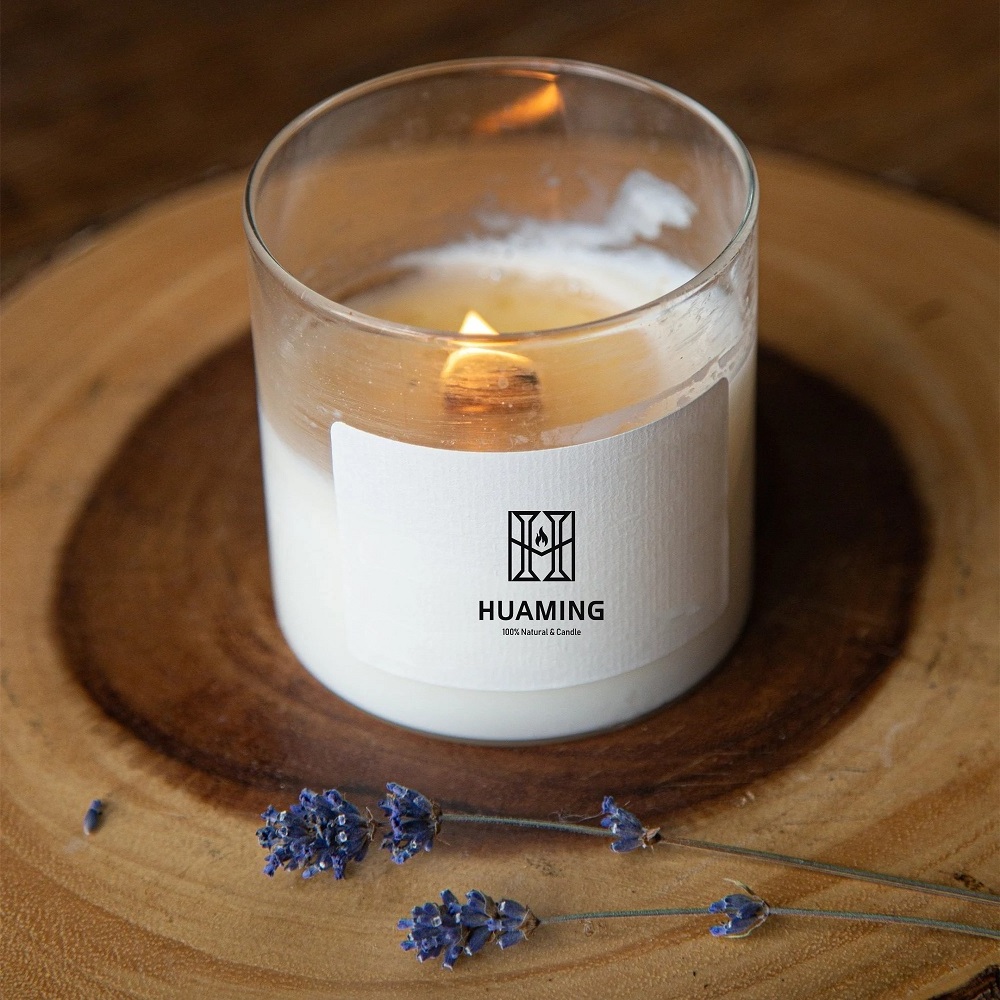 Huaming Premium Organic Scented Candle Lavender Customize Essential Oil Large Cork Lid Scented Candle with Crackling Wooden Wick