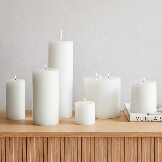 Private label decorative paraffin custom pillar flameless luxury scented white bulk pillar candles