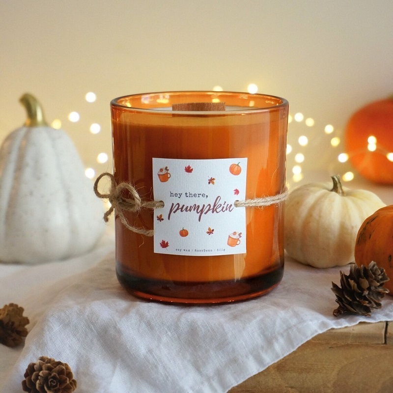 Huaming Retail Autumn Soy Wax Wave Wood Wick Halloween Candles Customized Luxury 14oz Fall Pumpkin spice Vanilla Scented Candle