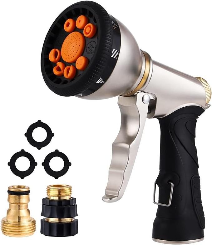 Huanchen Heavy Duty Brass Hose Quick Connector Garden Hose Nozzle Metal Spray Nozzle with 9 Adjustable Spray