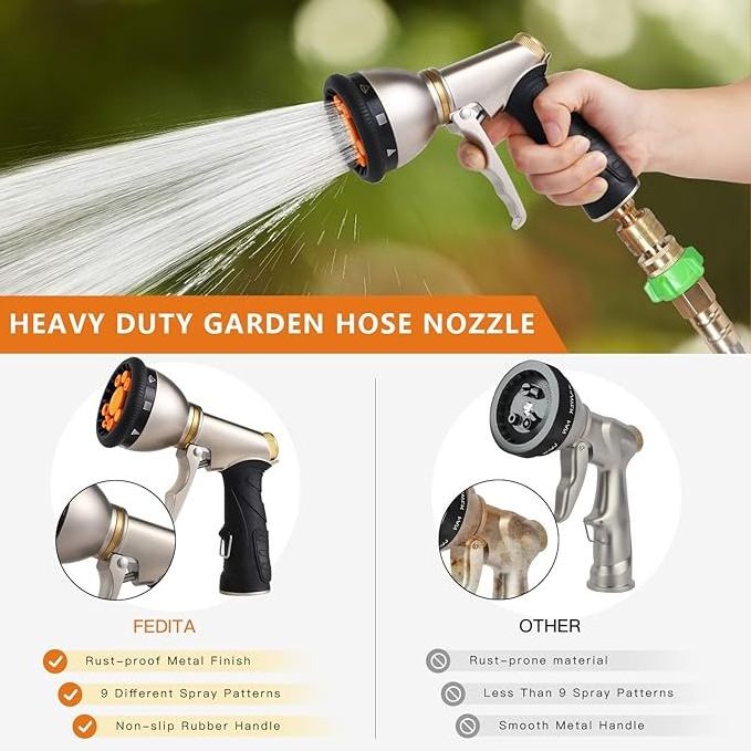 Huanchen Heavy Duty Brass Hose Quick Connector Garden Hose Nozzle Metal Spray Nozzle with 9 Adjustable Spray